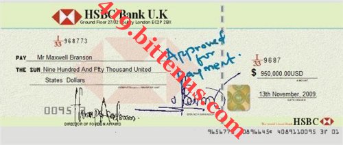 HSBC APPROVED CHEQUE TO MR MAXWELL BRANSON 1